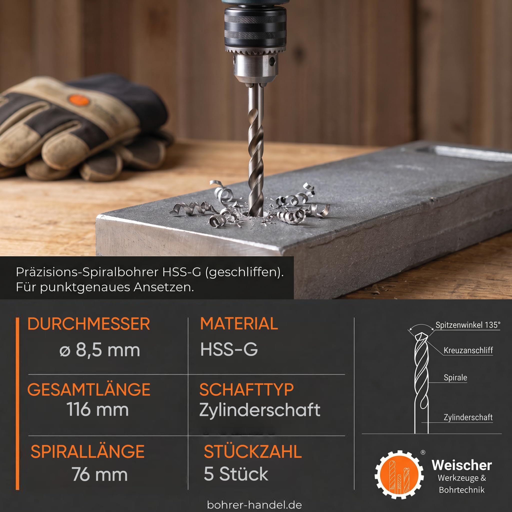 weischer-spiralbohrer-hss-g-8-5mm-5-st-ck-metallbohrer-stahl image 2