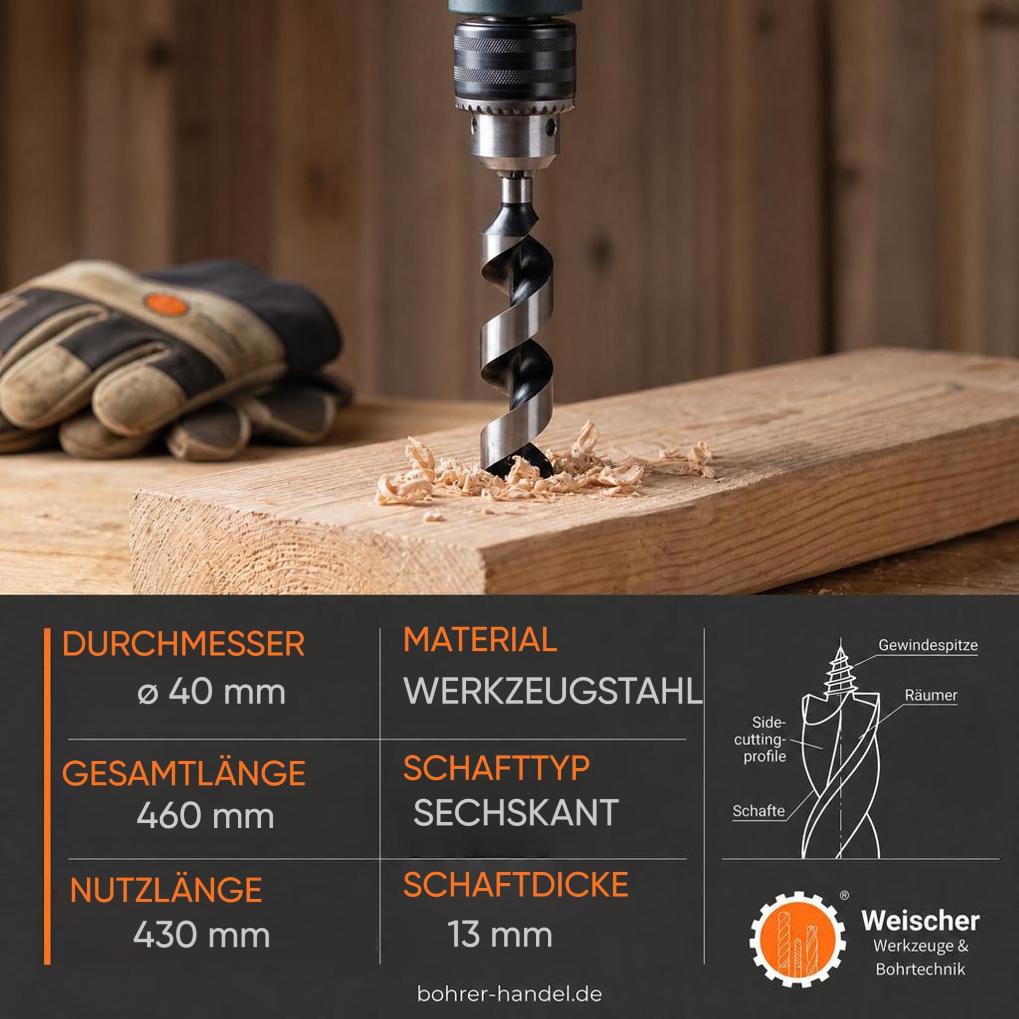weischer-schlangenbohrer-40x460-mm-holzbohrer-sechskant image 1